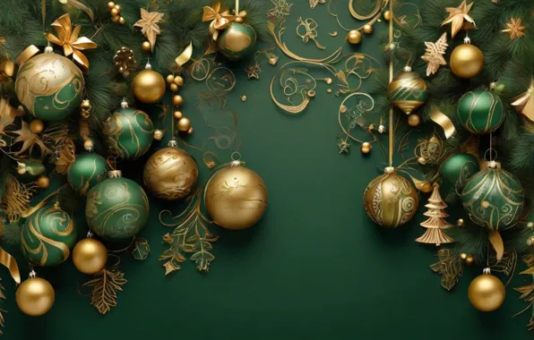 Decoration, the dark background, green, balls, New Year, Christmas, golden, new year