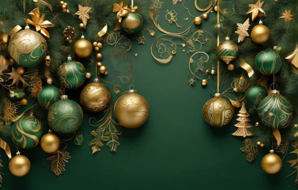 Decoration, the dark background, green, balls, new year, Christmas, golden, Christmas