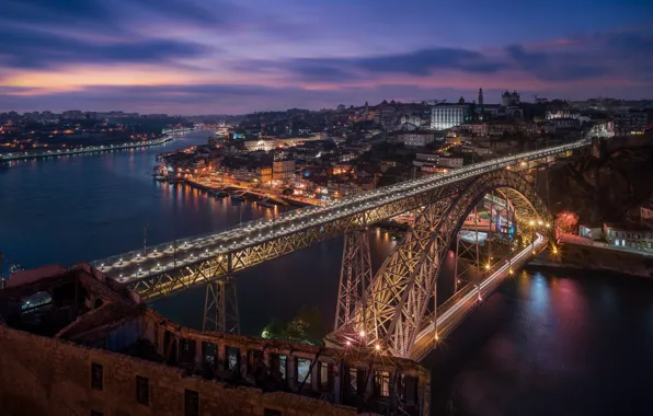 Bridge, lights, the evening, Portugal, Port, Douro river, Dom Luis Bridge