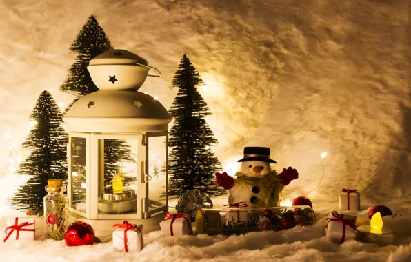 Winter, snow, decoration, New Year, Christmas, lantern, gifts, Christmas