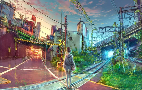 Picture girl, bridge, the city, art, railroad, yuumei, Wenqing Yan