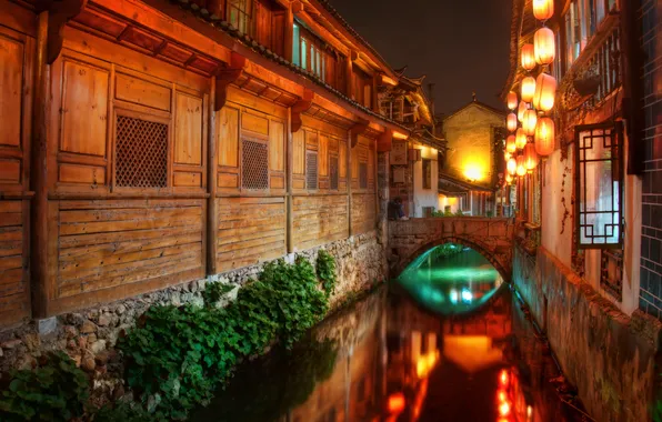 Night, home, lights, China, channel, Lijiang, South