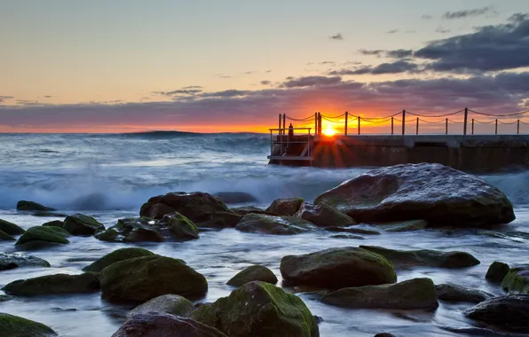 Sea, landscape, sunset, bridge