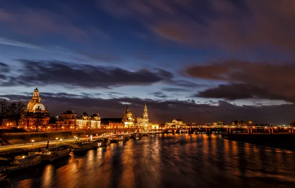 Night, lights, river, home, Germany, Dresden, theatre, Elba