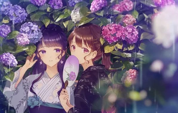 Blur, fan, kimono, the bushes, hydrangea, raindrops, girlfriend, in the rain
