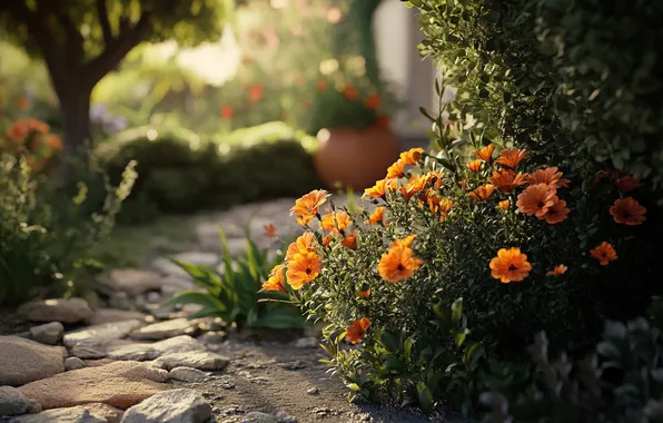 Summer, light, flowers, stones, garden, orange, flowerbed, path