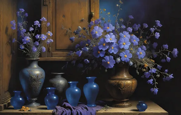 Flowers, table, still life, vases, AI art, neural network