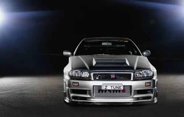 Picture glare, silver, Nissan, GT-R, Nissan, Skyline, front, R34