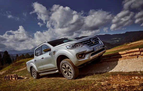 Clouds, mountains, slope, hill, Renault, pickup, 4x4, 2017