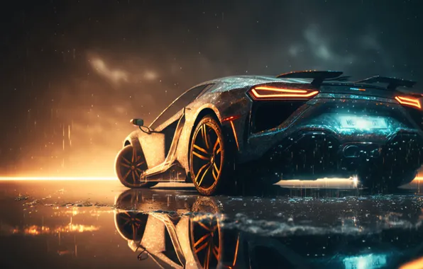 Water, rain, lights, wallpaper, digital art, sports car