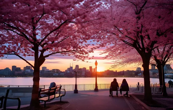 Bench, Park, spring, alley, flowering, promenade, sunset, pink