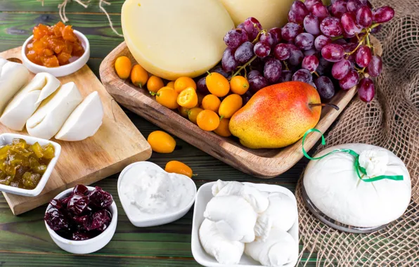 Cheese, grapes, fruit, pear, cuts, dried fruits, kumquat