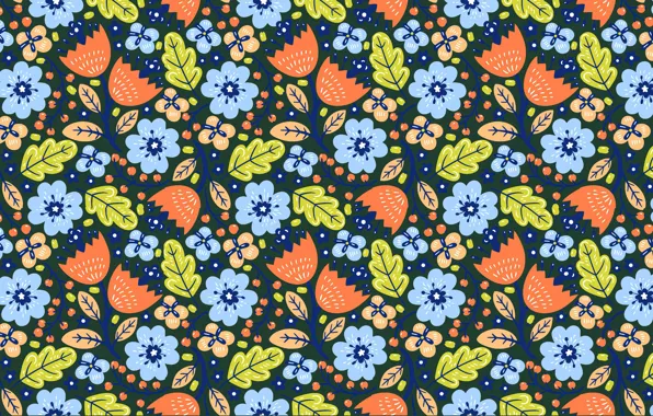 Leaves, flowers, background, pattern, texture, blue, green, orange