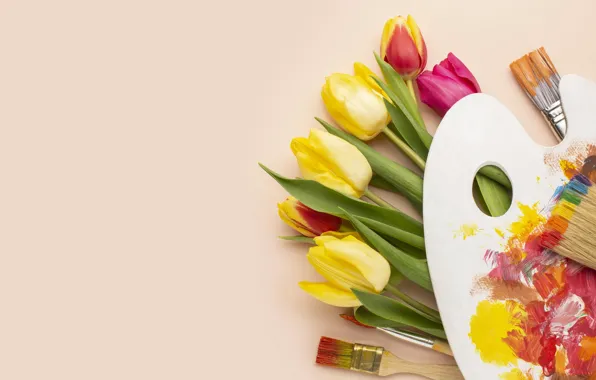 Flowers, paint, bouquet, spring, yellow, tulips, palette, pink