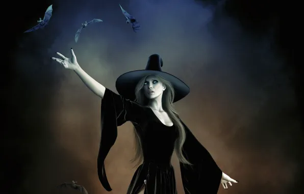 Picture girl, magic, hat, witch, bats, witchcraft