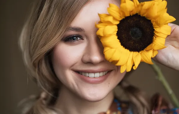 Look, girl, face, smile, mood, sunflower, Vlad Popov, Ksenia Guseva
