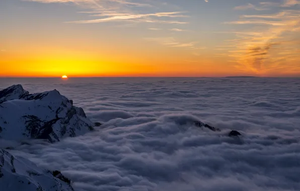 The sun, clouds, sunset, mountains, height