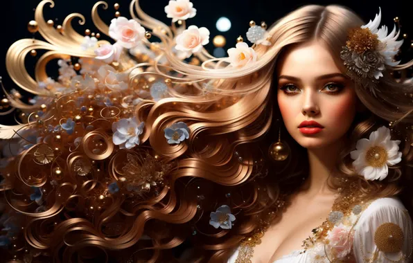 Flowers, blonde, long hair, beautiful girl, digital art, digital art, AI art, Stability AI