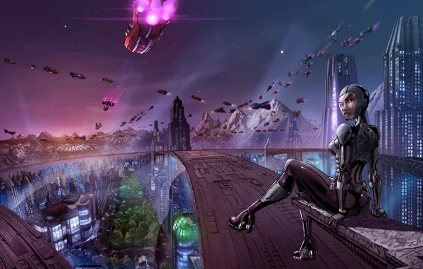 Wallpaper Girl, The City, Future, Transport, Ships, Art, Megapolis.