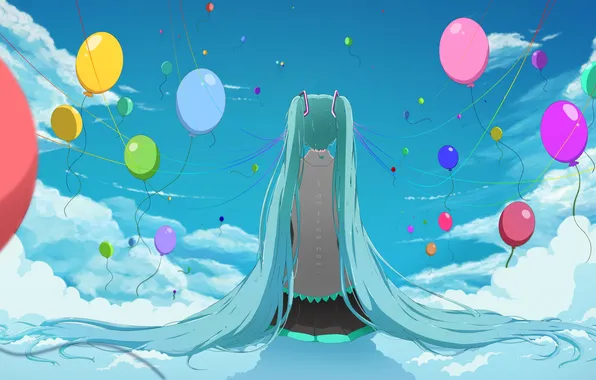 Picture the sky, girl, clouds, balls, back, vocaloid, hatsune miku, sitting