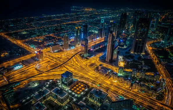 Night, lights, road, home, skyscrapers, panorama, Dubai, megapolis