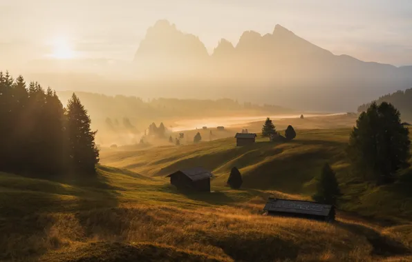 Mountains, fog, morning, Trentino-Alto Adige, Castelrotto, Bulla