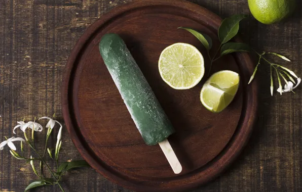 Leaves, flowers, Board, ice cream, lime, green, dessert, slices