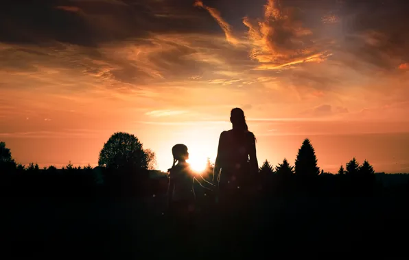 Sunset, nature, children, mood, child, girl, silhouettes, mom