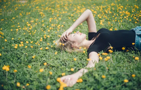 Picture grass, girl, shorts, lies, flowers