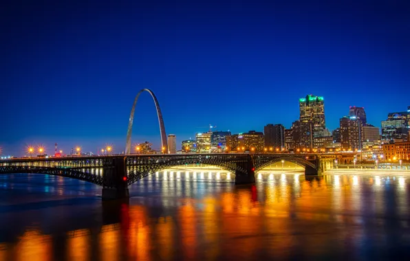 The sky, light, reflection, night, bridge, the city, lights, blue