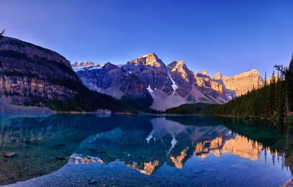 Forest, light, mountains, lake, reflection, blue, stones, shore