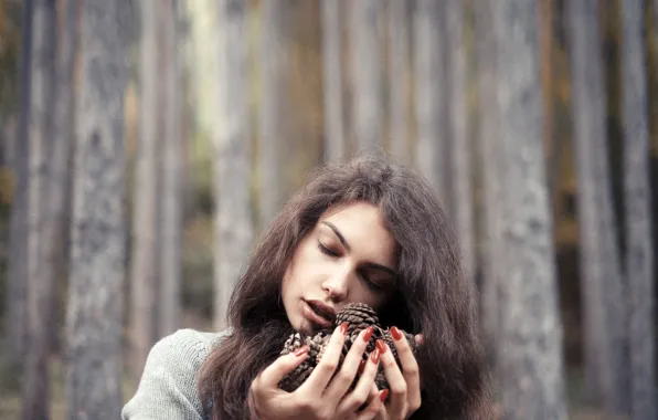 Forest, trees, background, model, portrait, hands, makeup, hairstyle