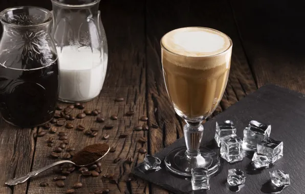 Board, glass, coffee, ice, milk, spoon, banks, coffee beans