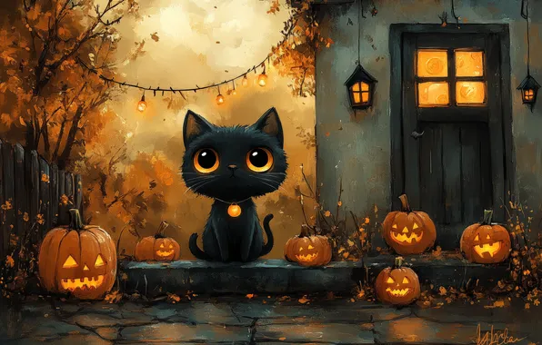 Picture Look, Cat, House, Black, Cat, Pumpkin, Eyes, Halloween