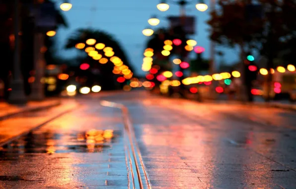 Road, wet, macro, the city, lights, glare, rain, Wallpaper