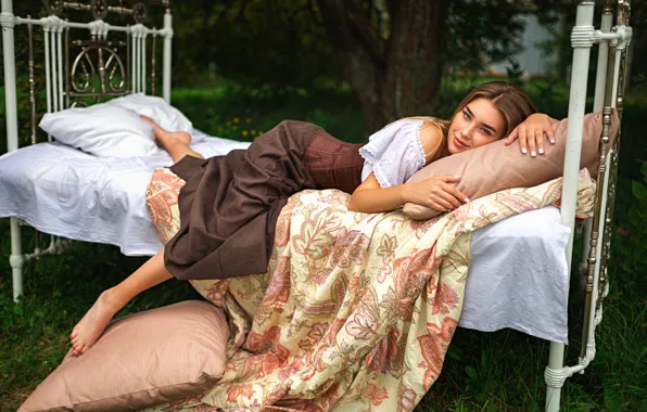 Look, girl, nature, pose, smile, bed, barefoot, pillow
