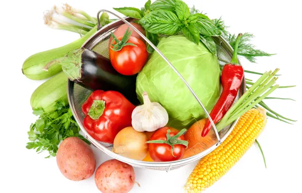 Greens, corn, bow, eggplant, white background, pepper, vegetables, tomatoes