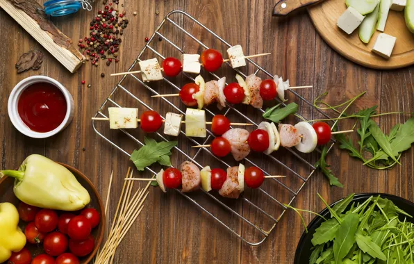 Meat, pepper, tomatoes, sauce, spices, kebabs