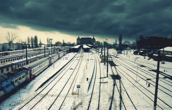 Winter, clouds, loneliness, wire, station, railroad, trains