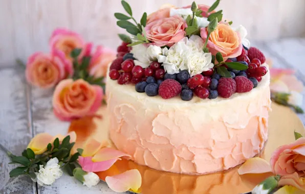 Raspberry, roses, cake, currants, blueberries