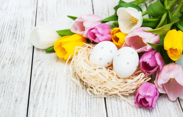 Flowers, eggs, colorful, Easter, tulips, happy, wood, pink