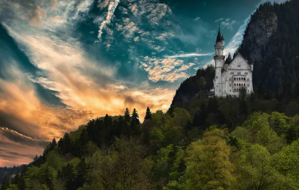 Picture forest, the sky, clouds, mountains, castle, rocks, view, height