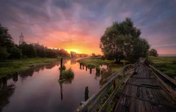 Picture landscape, bridge, nature, fog, dawn, village, morning, Church