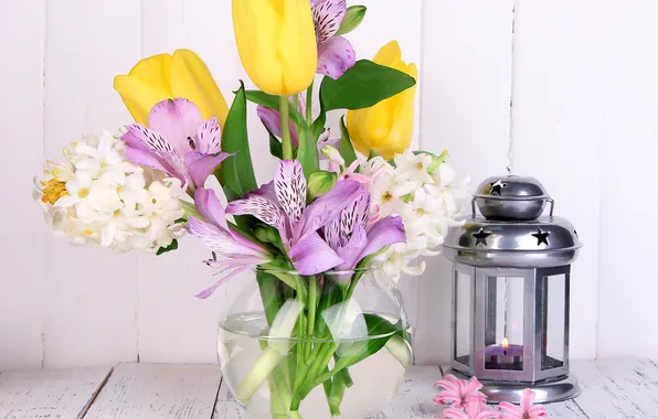 Photo, Flowers, Tulips, Lantern, Vase, Alstremeria, Hyacinths