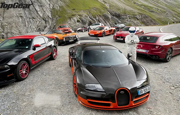 Top Gear, Bugatti Veyron, ford mustang, stig, ferrari f430.