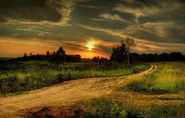 Road, field, sunset, nature