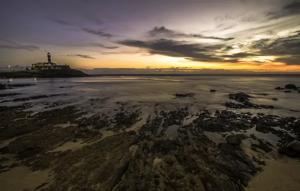 Beach, sunset, horizon, Brazil, Salvador, Baja, Barra Lighthouse