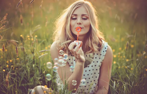 Flowers, bubbles, hair, bubbles, flowers, hair, smiling, smiling