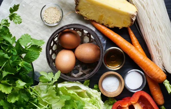 Greens, eggs, carrots