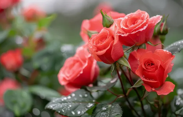 Leaves, drops, flowers, stems, roses, garden, red, rose Bush